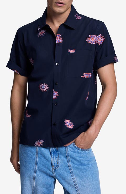 Embroidered Short Sleeve Button-Up Shirt