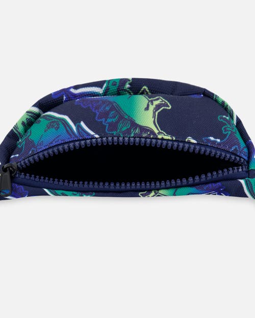 Deux Par Deux Boy's Printed Fanny Pack Blue And Green Dino On Navy In Blue And Green Dino On Navy