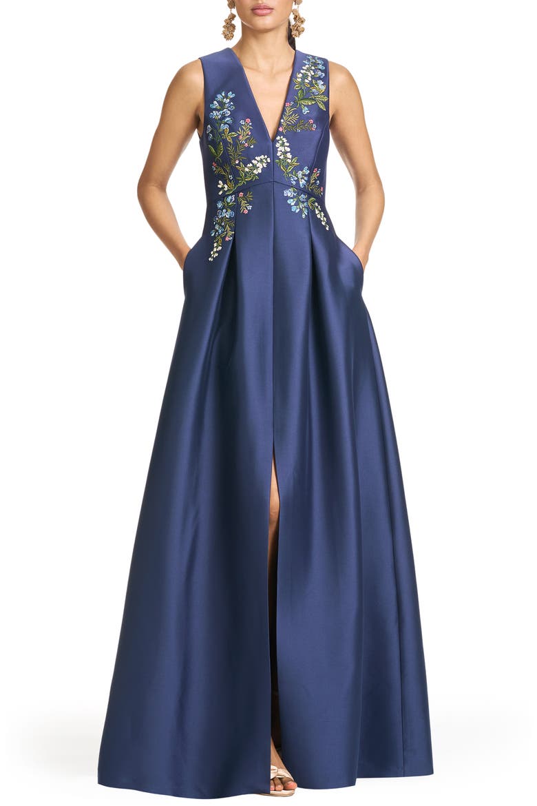Embroidered Floral Sleeveless Mikado Gown, Main, color, WASHED INDIGO