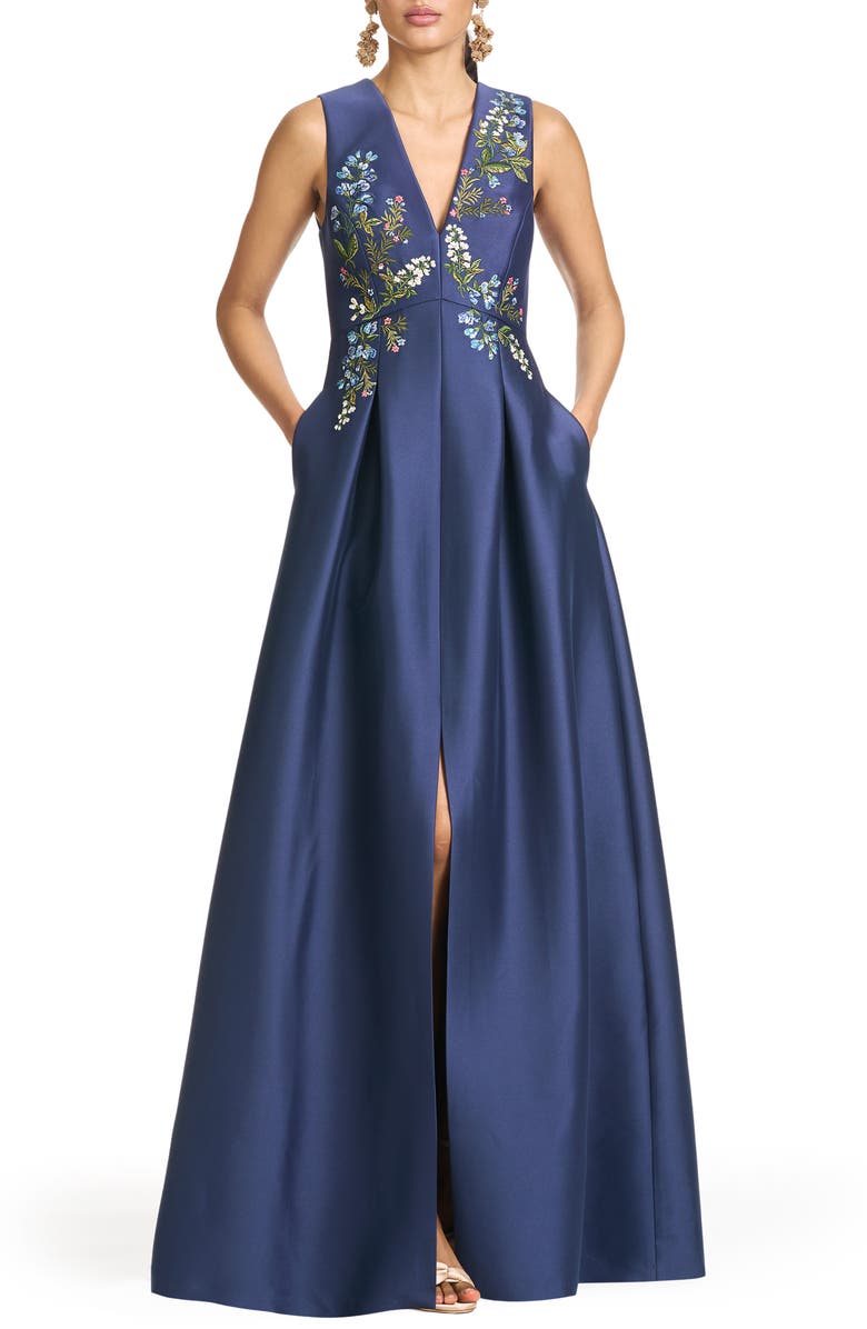 Sachin & Babi Embroidered Floral Sleeveless Mikado Gown, Main, color, Washed Indigo