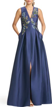 Sachin & Babi Embroidered Floral Sleeveless Mikado Gown