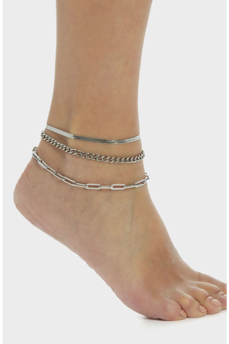 Set of 3 Assorted Chain Anklets, Alternate, color, SILVER