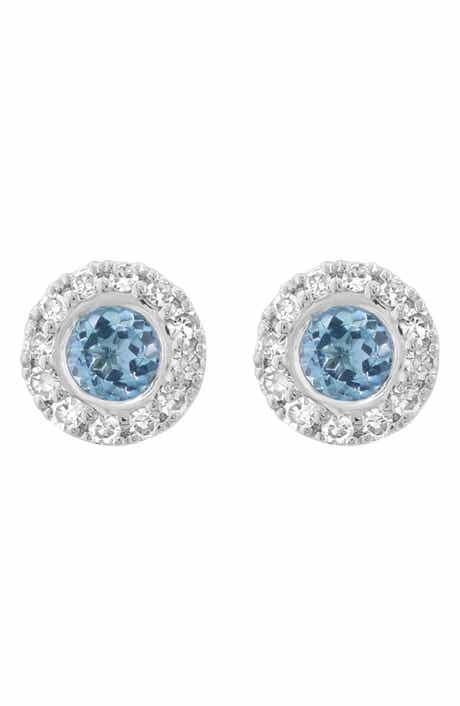 14k White Gold Blue Topaz & Diamond Stud Earrings