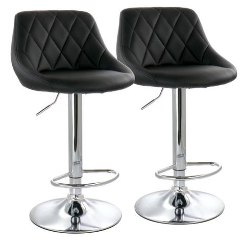 2 Piece Diamond Stitched Faux Leather Bar Stool with Adjustable Height