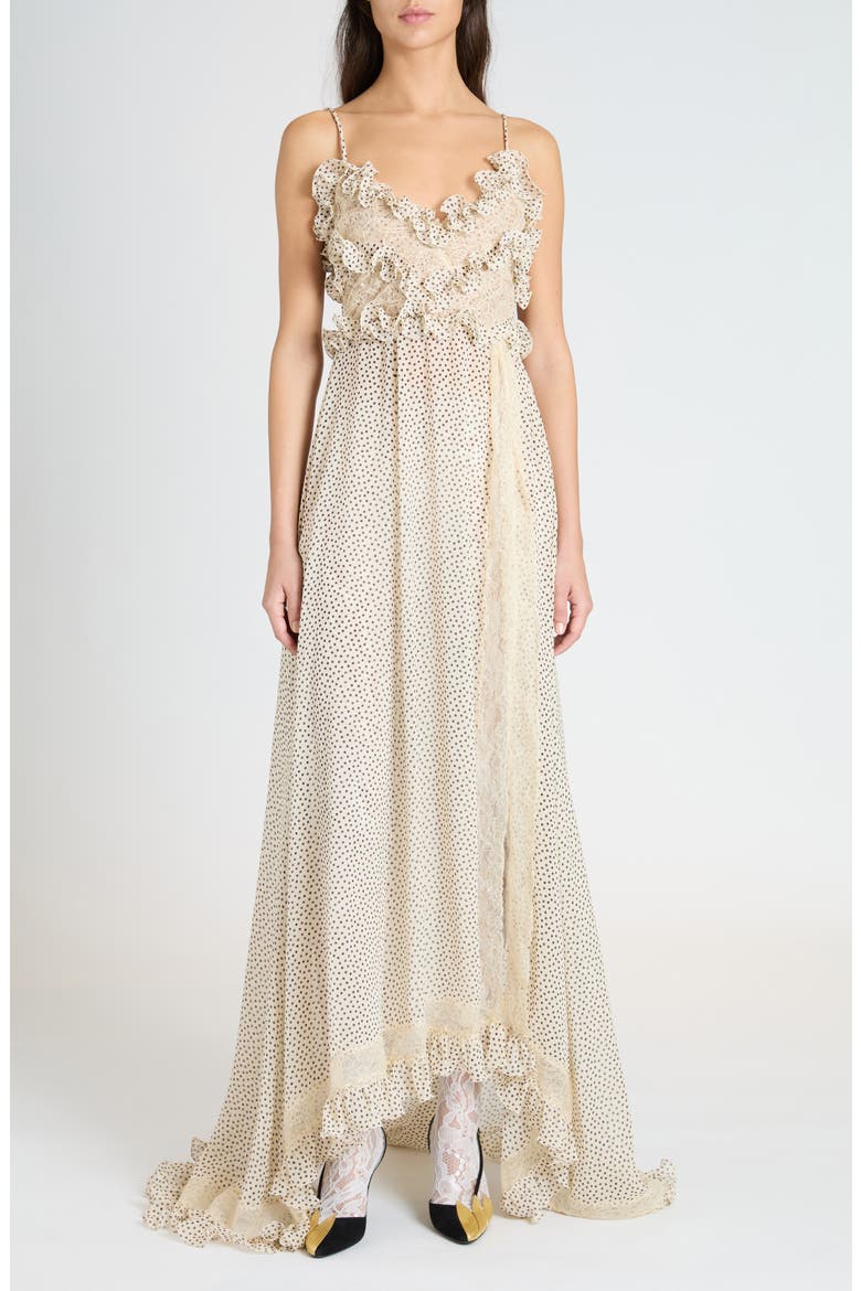 Polka Dot Ruffle Silk Georgette Gown, Main, color, BETULLA/ NERO