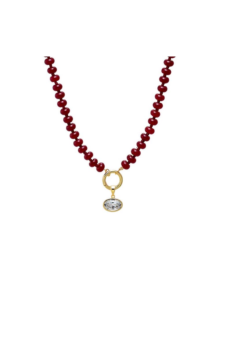 Colored Natural Stone Beaded /CZ Oval Charm Necklace, Main, color, Red