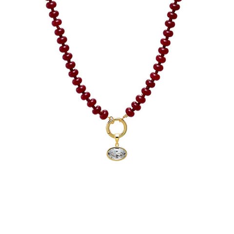 Colored Natural Stone Beaded /CZ Oval Charm Necklace