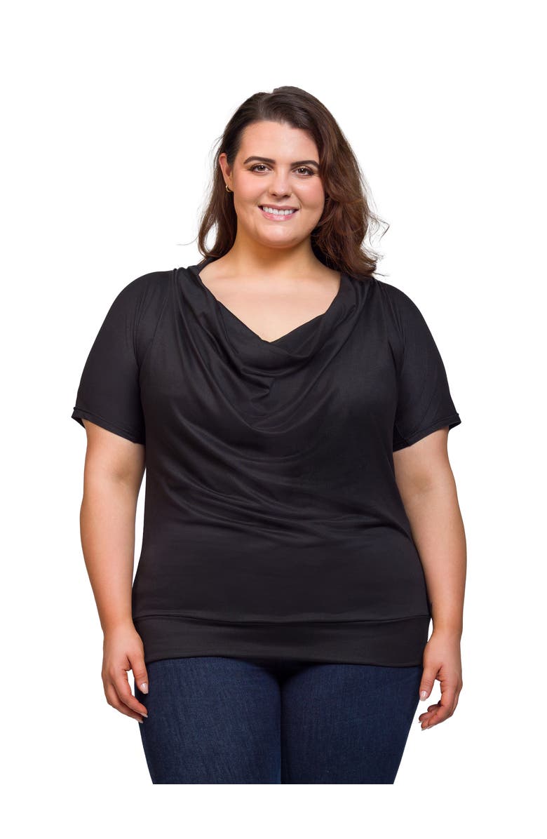 24seven Comfort Apparel Cowl Neck Short Sleeve Top with Banded Bottom, Main, color, Black