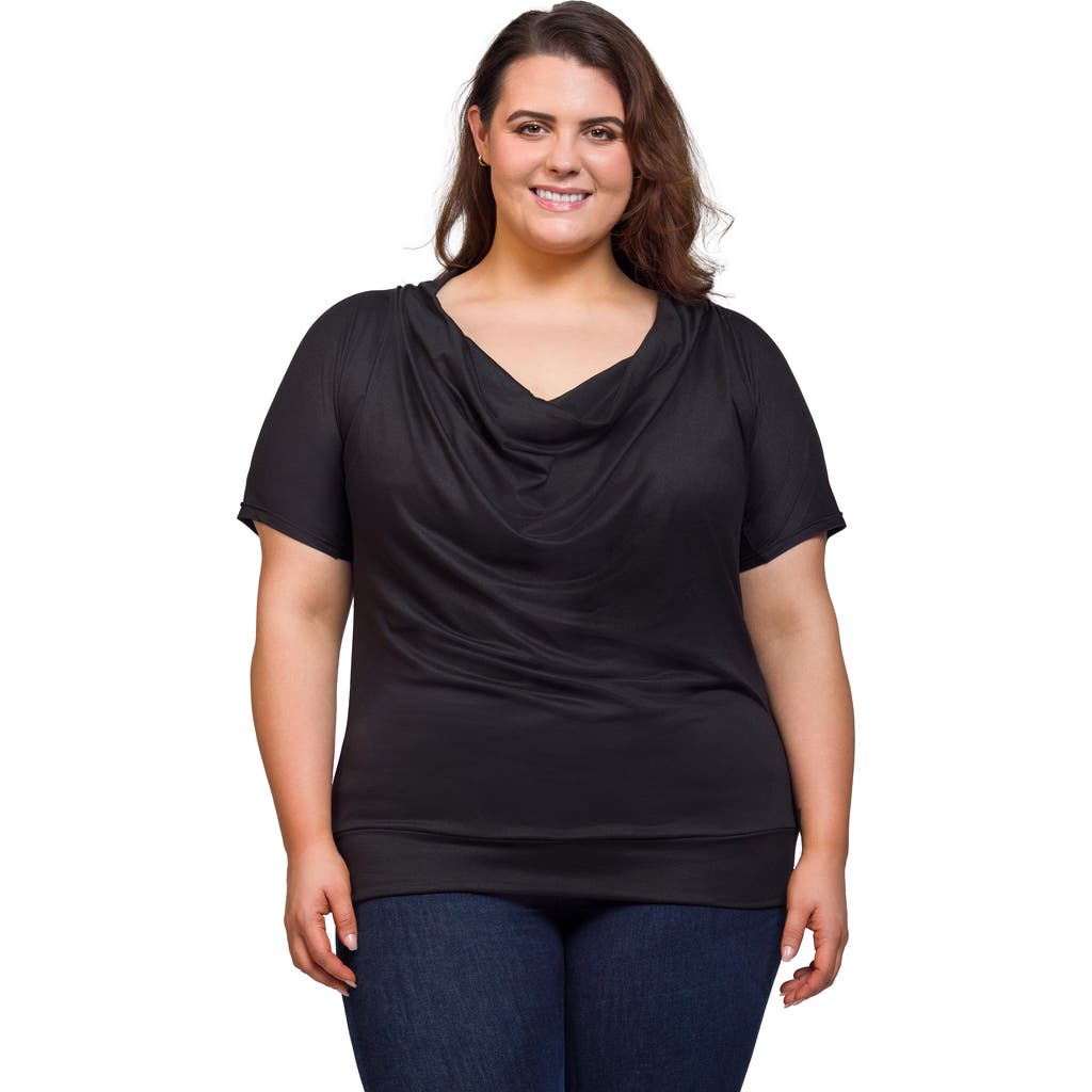 24seven Comfort Apparel Cowl Neck Short Sleeve Top With Banded Bottom In Black