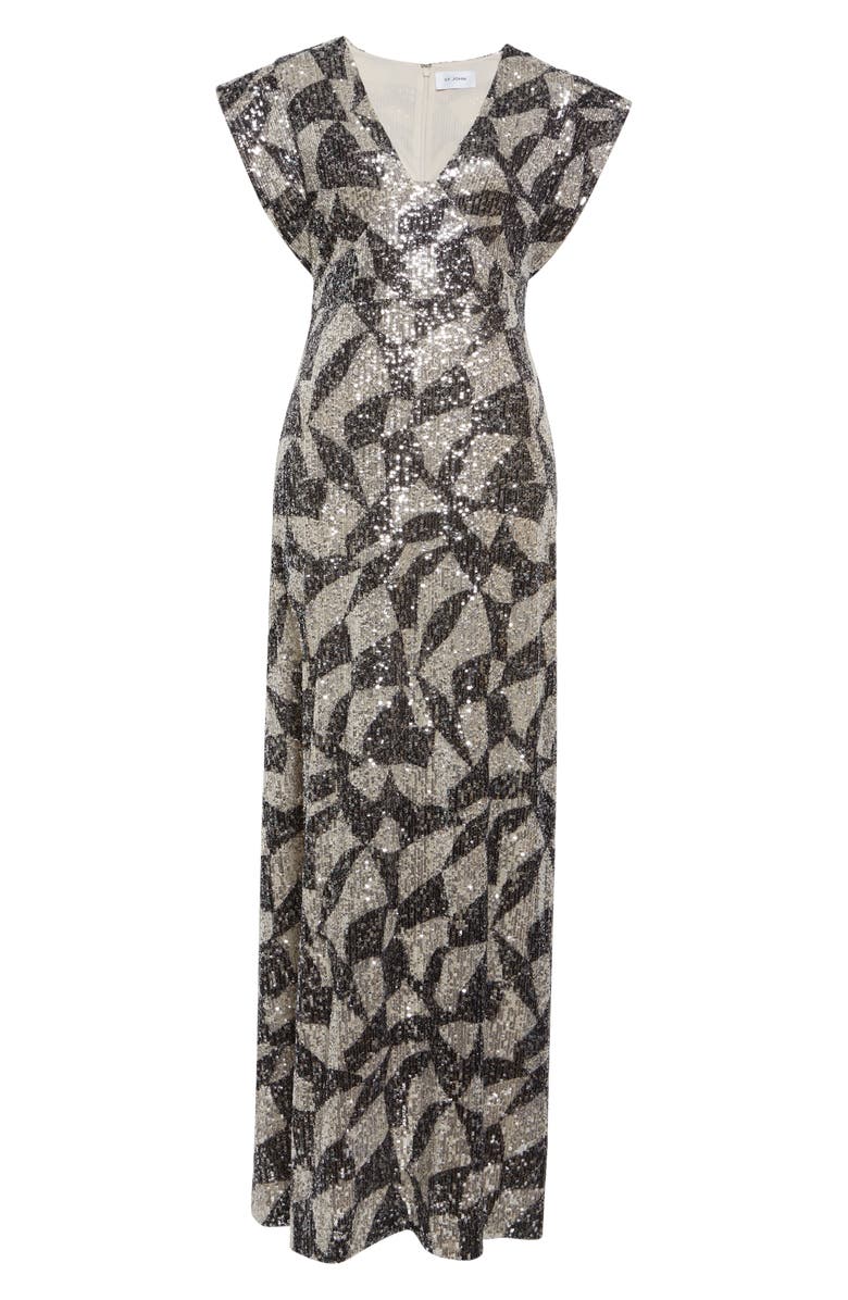 ST. JOHN Cubist Sequin Gown, Alternate, color, Ecru/ Black Multi