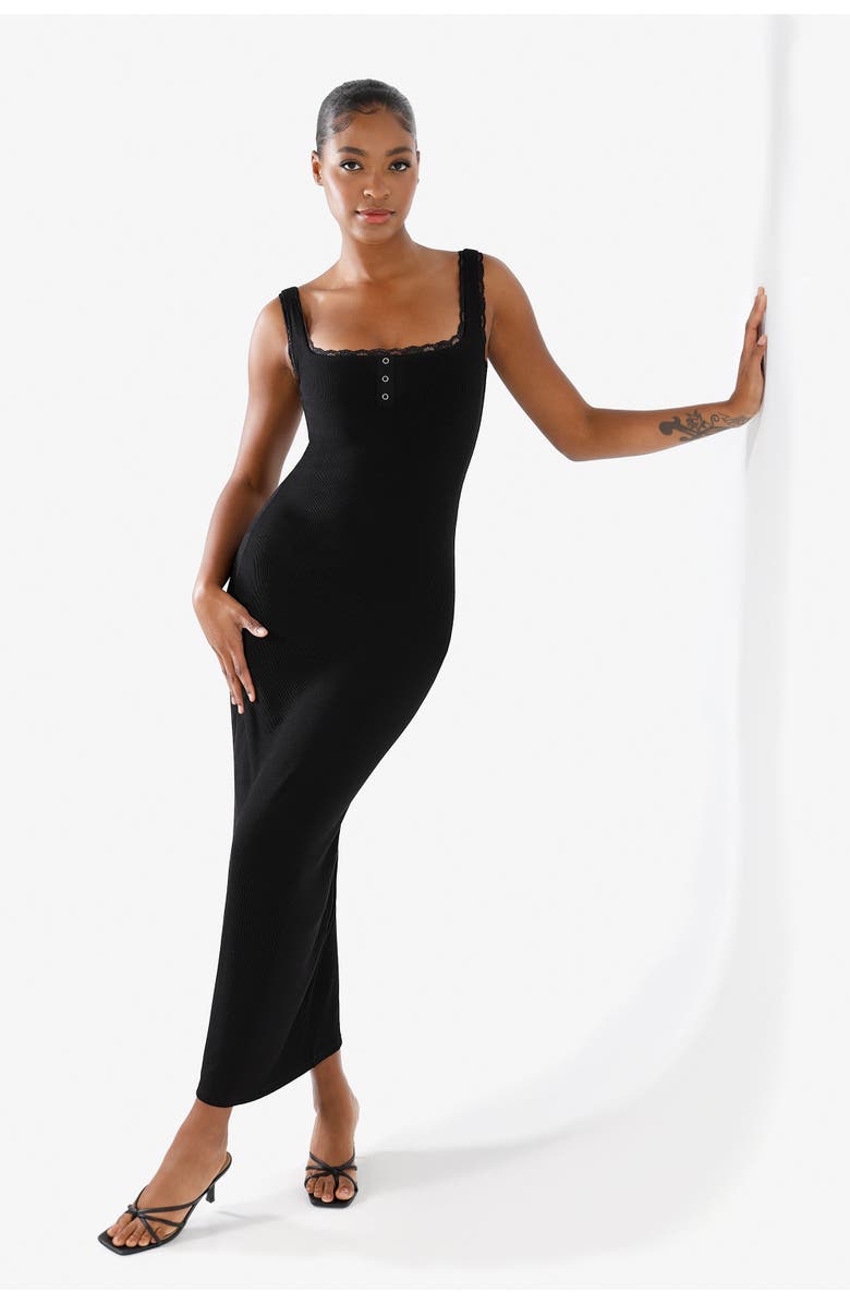 Popilush Shapewear Modal Slimming Lace Trim Henley Tank Maxi Dress, Alternate, color, Midnight Black
