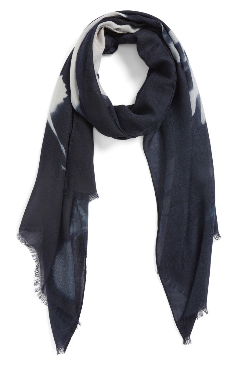 Akris Wildflower Print Cashmere Scarf, Alternate, color, Navy-Ecru