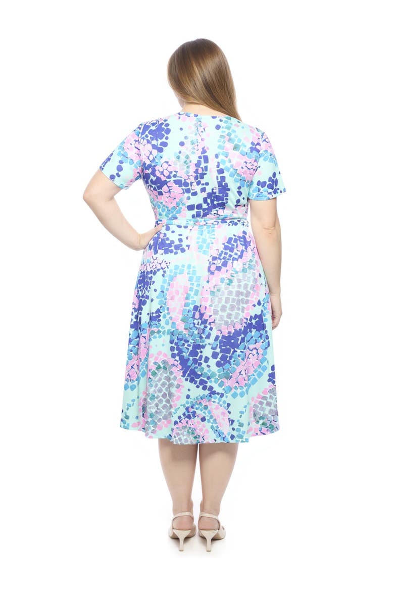 Curvy Essential V-Neck Short Sleeve A-Line Midi Dress, Alternate, color, Blue Multi