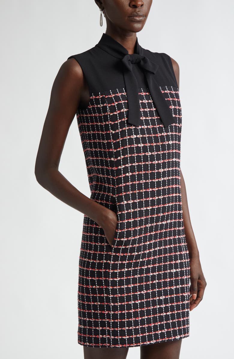ST. JOHN Windowpane Check Mixed Media Sleeveless Sheath Dress, Alternate, color, Black/ Haute Red/ Pearl Multi