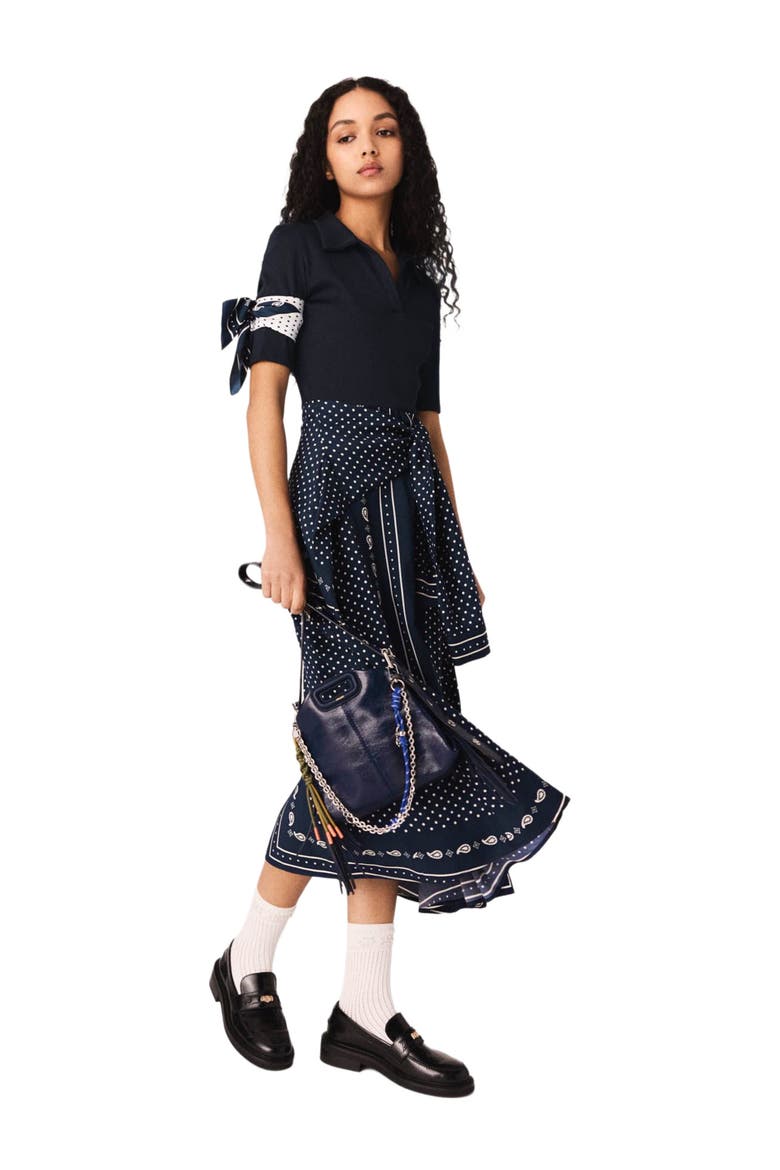 Patterned mixed-material dress, Alternate, color, Navy dot bandana print