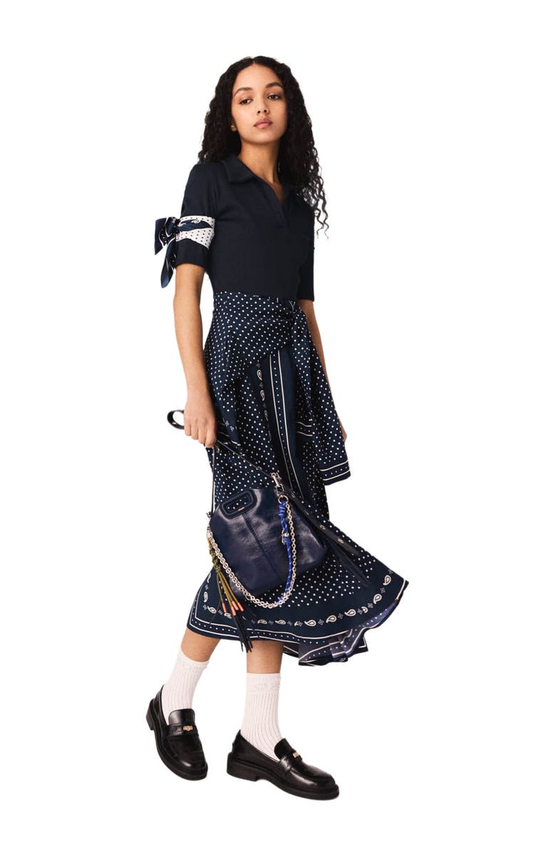maje Patterned mixed-material dress, Alternate, color, Navy Dot Bandana Print