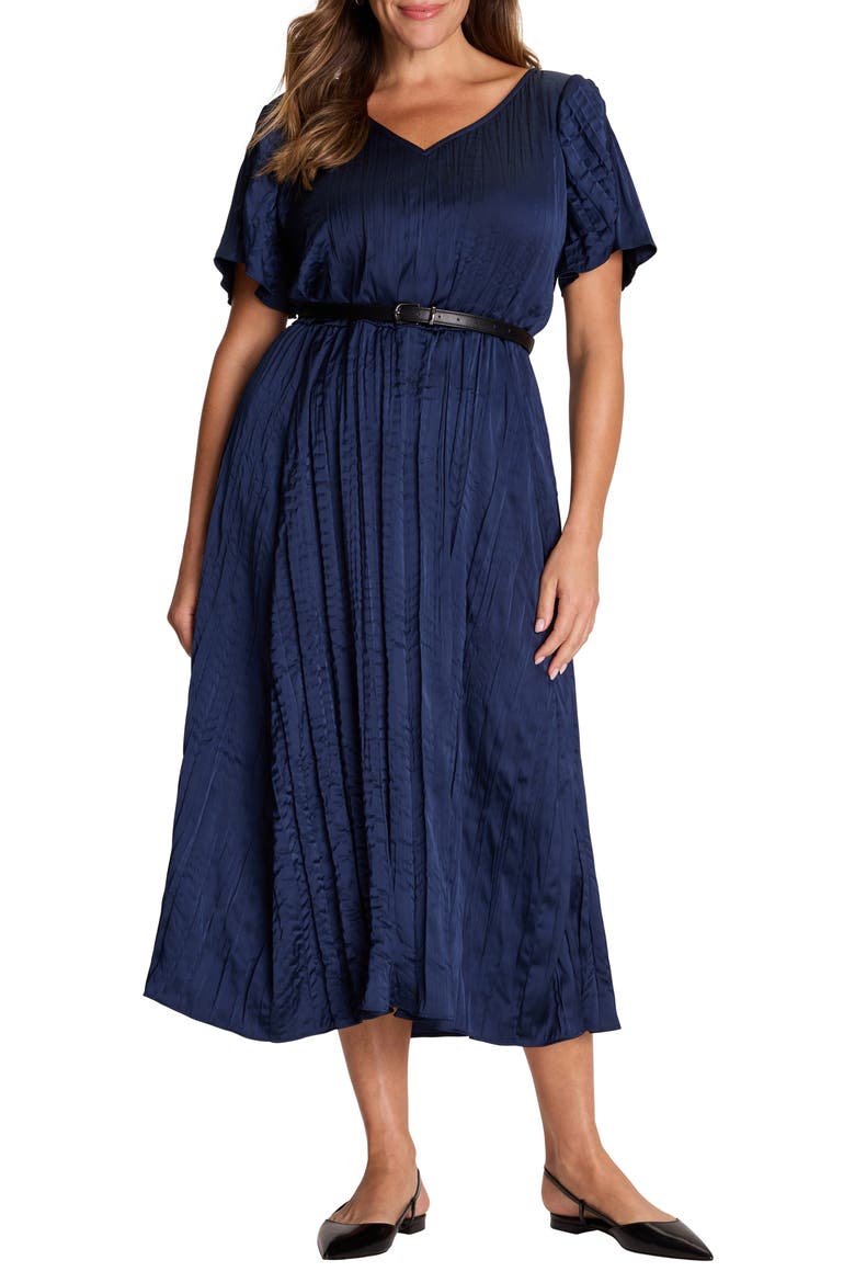 Bella Belted Crushed Satin Midi Dress, Main, color, DARK INDIGO