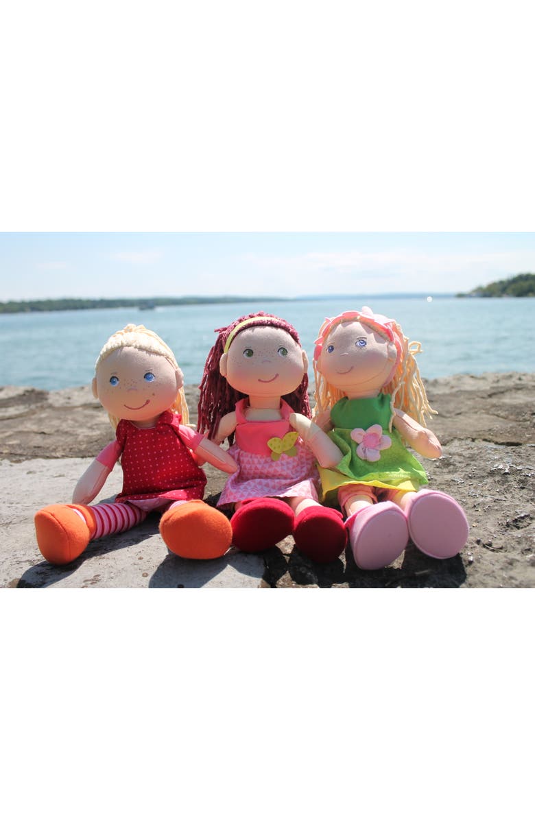 HABA 12" Soft Baby Doll Annelie with Blonde Hair, Embroidered Face, Removable Red Dress and Matching Hairband - Washable Toddler Doll for 18 Months+, Alternate, color, Red Multi