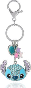 Disney Stitch Crystal Keychain with Heart & Star Charms, Silver‑Tone