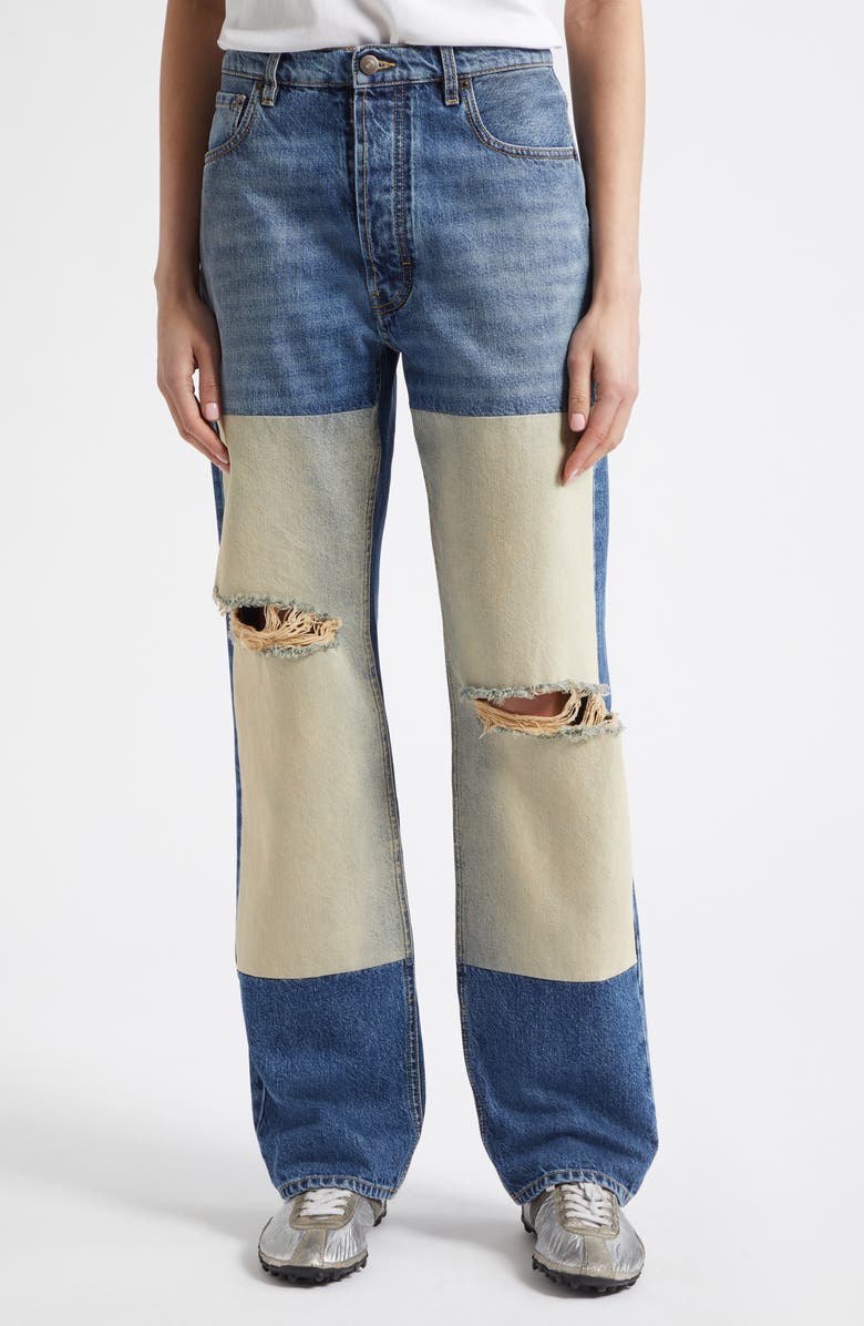 Maison Margiela Ripped High Waist Patchwork Panel Straight Leg Jeans, Main, color, Medium Blue