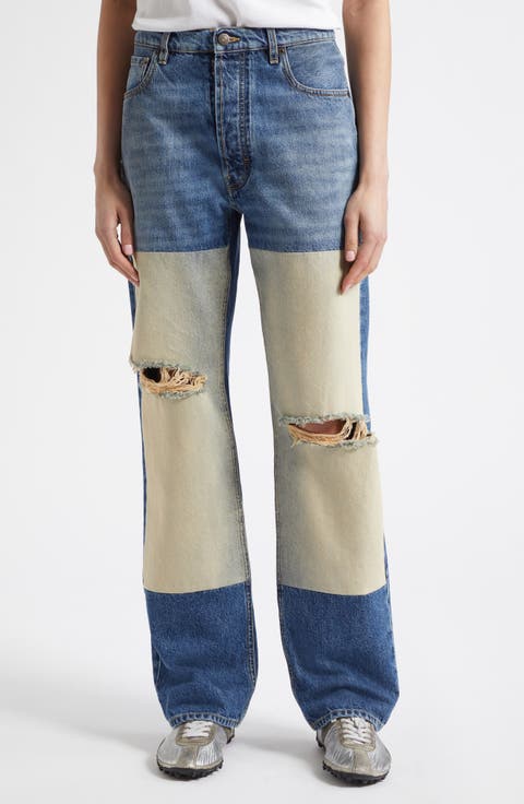 Ripped High Waist Patchwork Panel Straight Leg Jeans