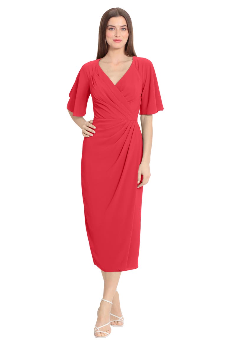 Flutter Sleeve Faux Wrap Midi Dress, Alternate, color, HIBISCUS CORAL