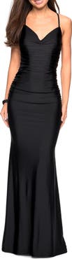 La Femme Form Fitting Jersey Dress with Ruching and Strappy Back