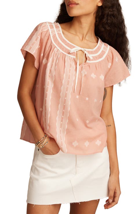 Geo Embroidered Short Sleeve Cotton Peasant Top