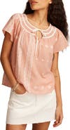 Lucky Brand Geo Embroidered Short Sleeve Cotton Peasant Top