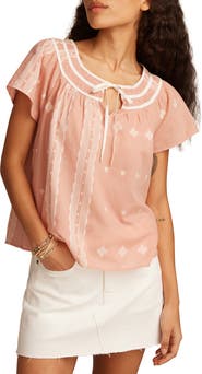 Lucky Brand Geo Embroidered Short Sleeve Cotton Peasant Top