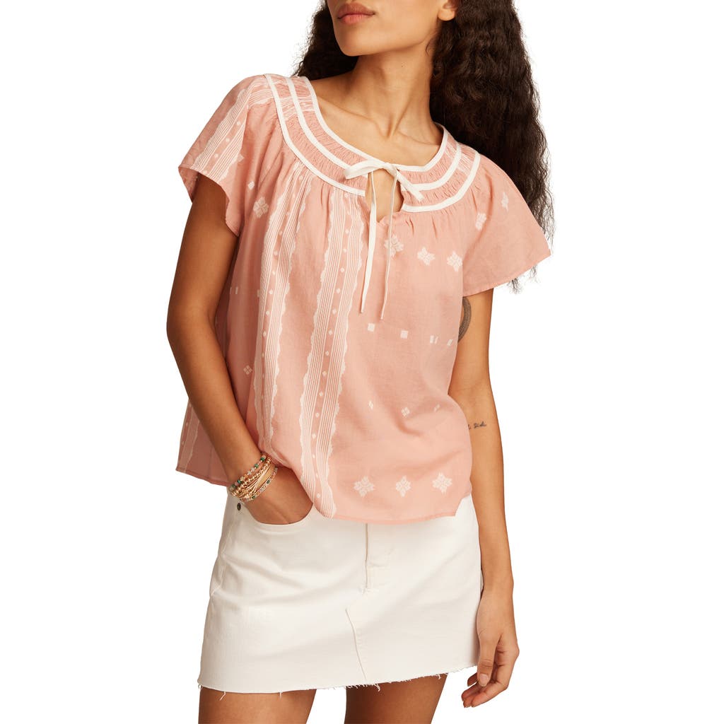 Lucky Brand Geo Embroidered Short Sleeve Cotton Peasant Top In Pink