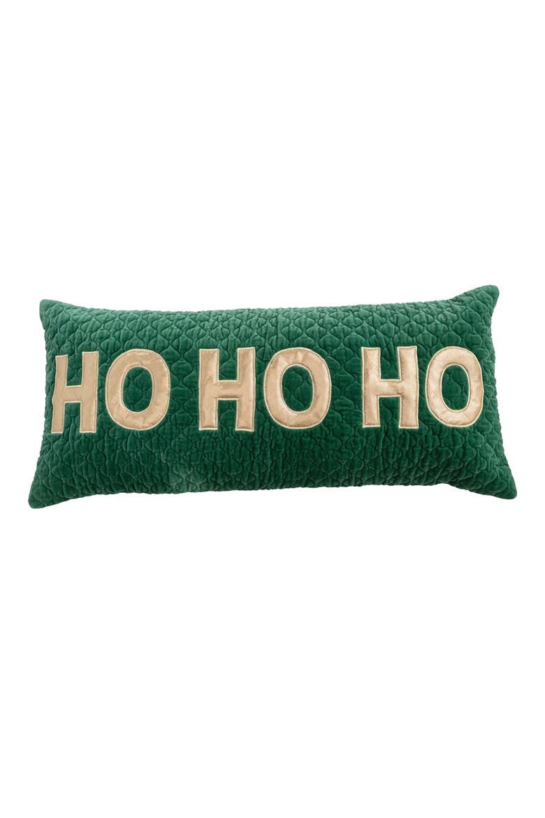 Woven Cotton Velvet Quilted Lumbar Pillow with Appliqued "HO HO HO", Green and Gold Color, Main, color, Green