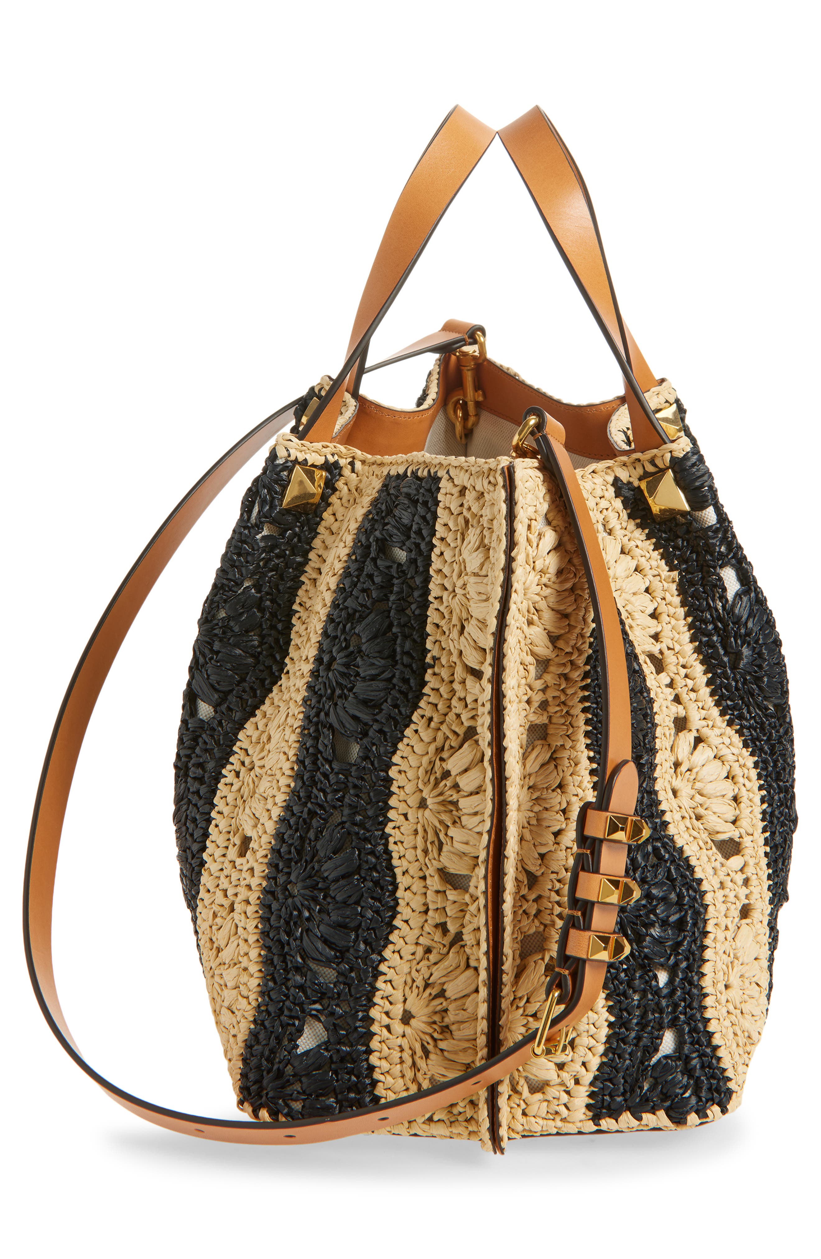 Valentino Garavani VLOGO Signature Crocheted Raffia Tote, Alternate, color, Natural/ Black