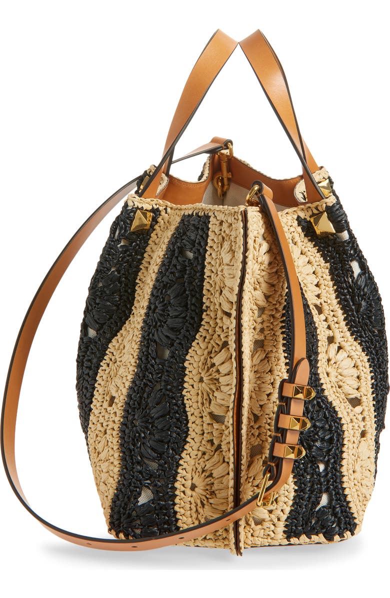 Valentino Garavani VLOGO Signature Crocheted Raffia Tote, Alternate, color, Natural/ Black