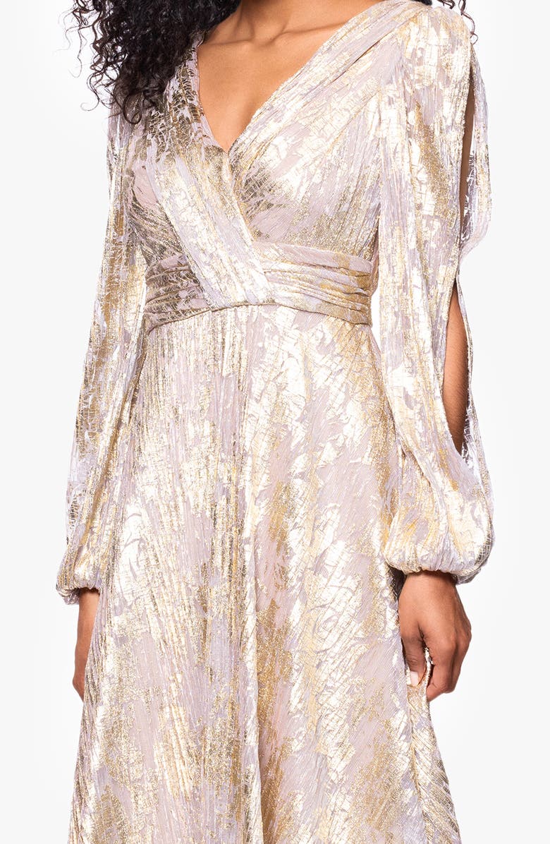 Betsy & Adam Metallic Crinkle Print Long Sleeve A-Line Gown, Alternate, color, White/ Pink/ Gold