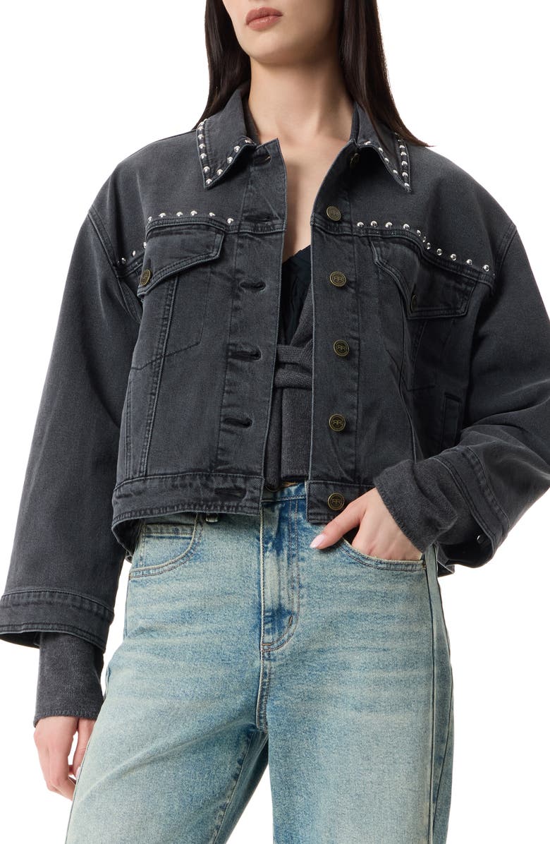Robert Rodriguez Elise Oversize Studded Crop Denim Jacket, Main, color, Faded Black