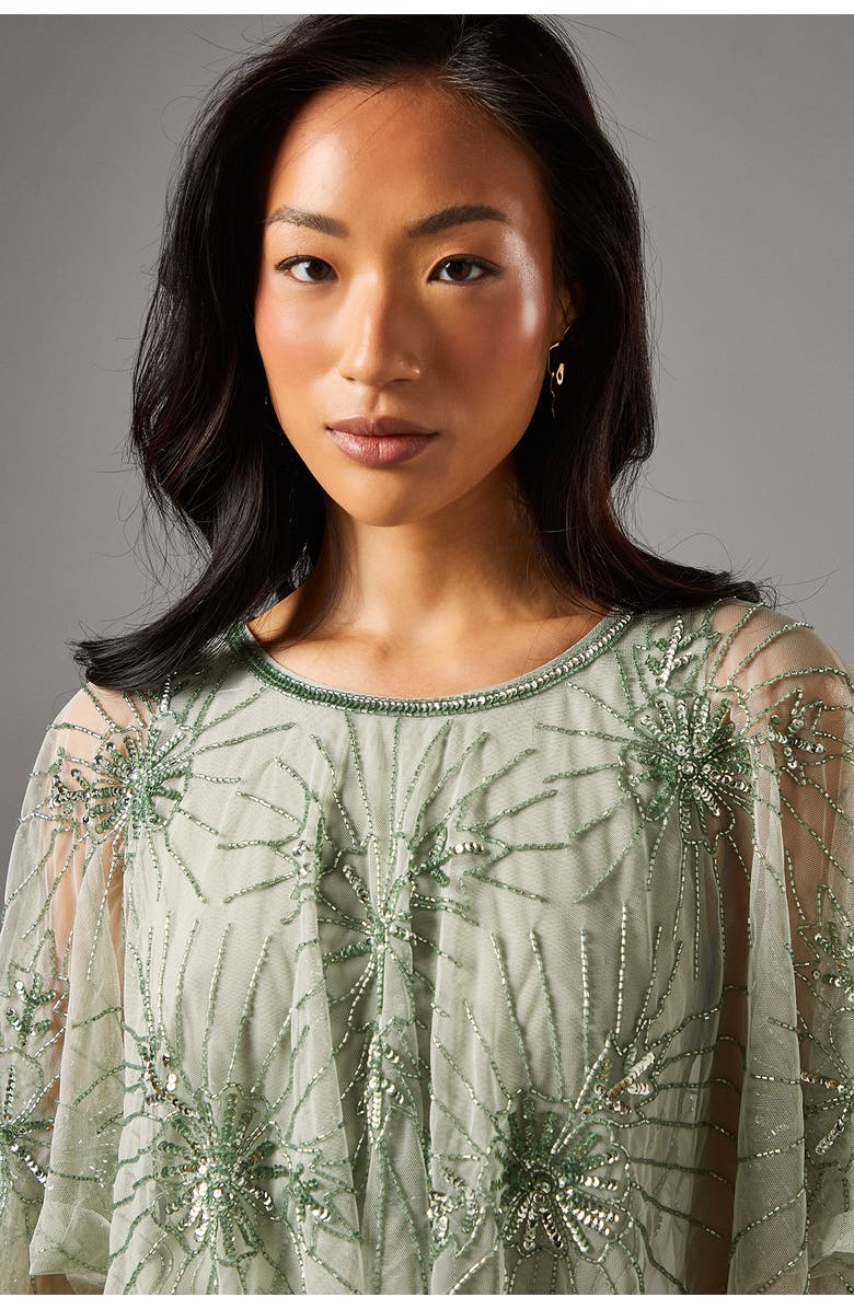 Coast Floral Embellished Cape Midi Dress, Alternate, color, Sage