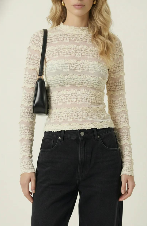 Sheer Lace Long Sleeve Top with Scalloped Mock Neck