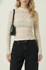 Modenaire Sheer Lace Long Sleeve Top with Scalloped Mock Neck