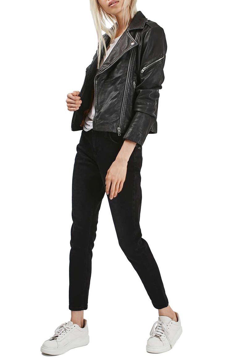 Lightning Leather Biker Jacket, Alternate, color, BLACK