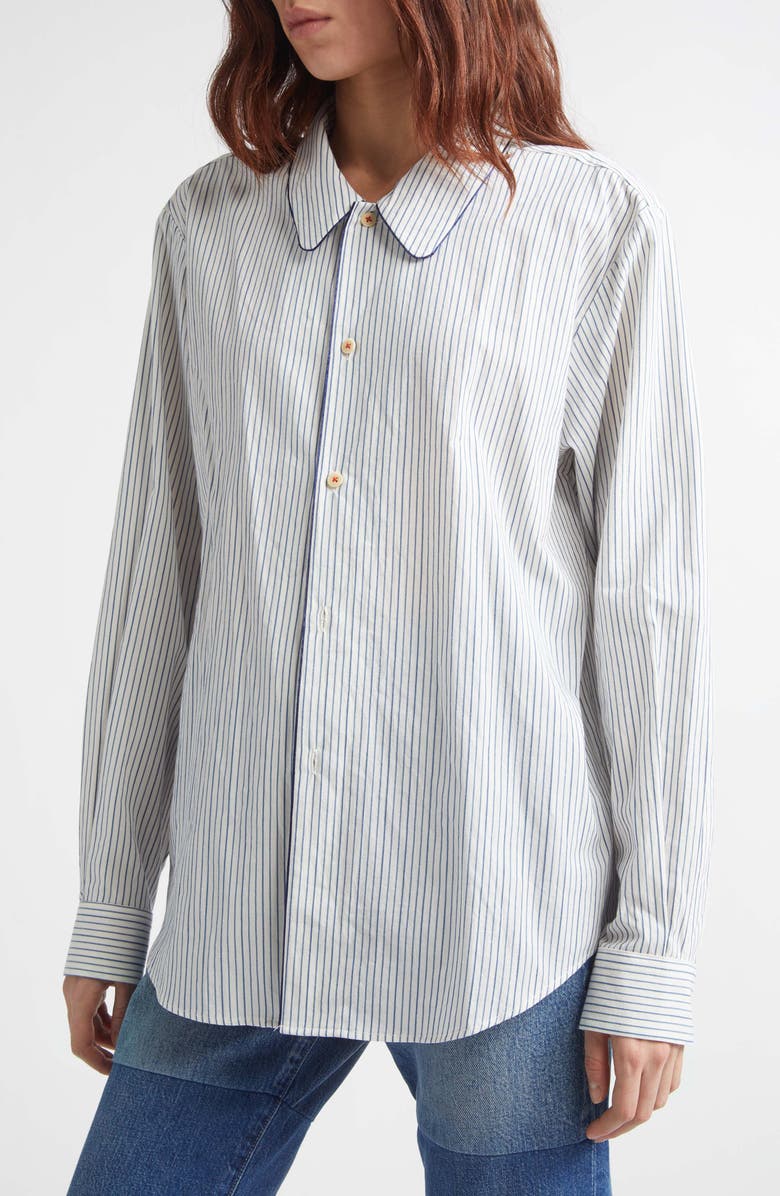 KURO Quiet Stripe Piped Cotton Button-Up Shirt, Alternate, color, White