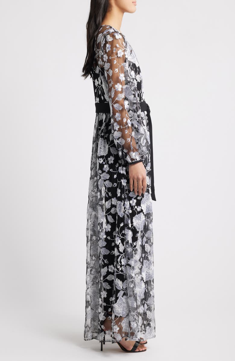 Julia Jordan Floral Embroidery Long Jacket & Jumpsuit Set, Alternate, color, Black/ Silver