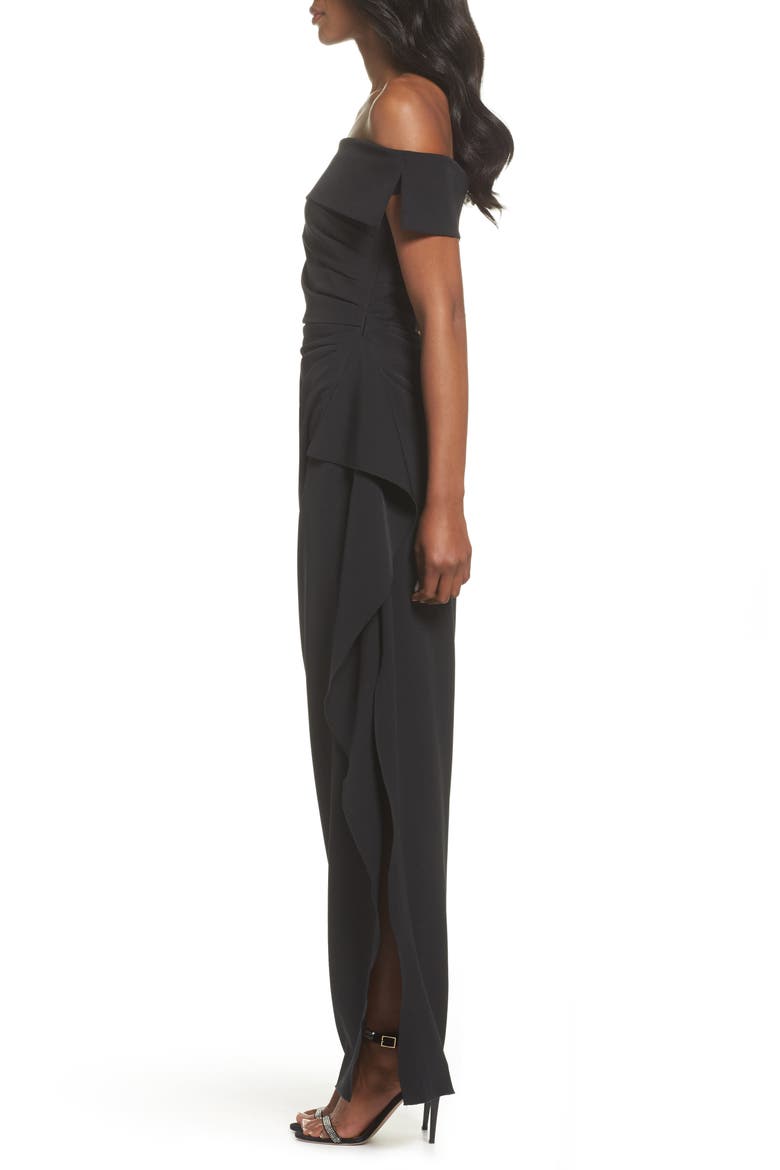 Off the Shoulder Crepe Column Gown, Alternate, color, BLACK
