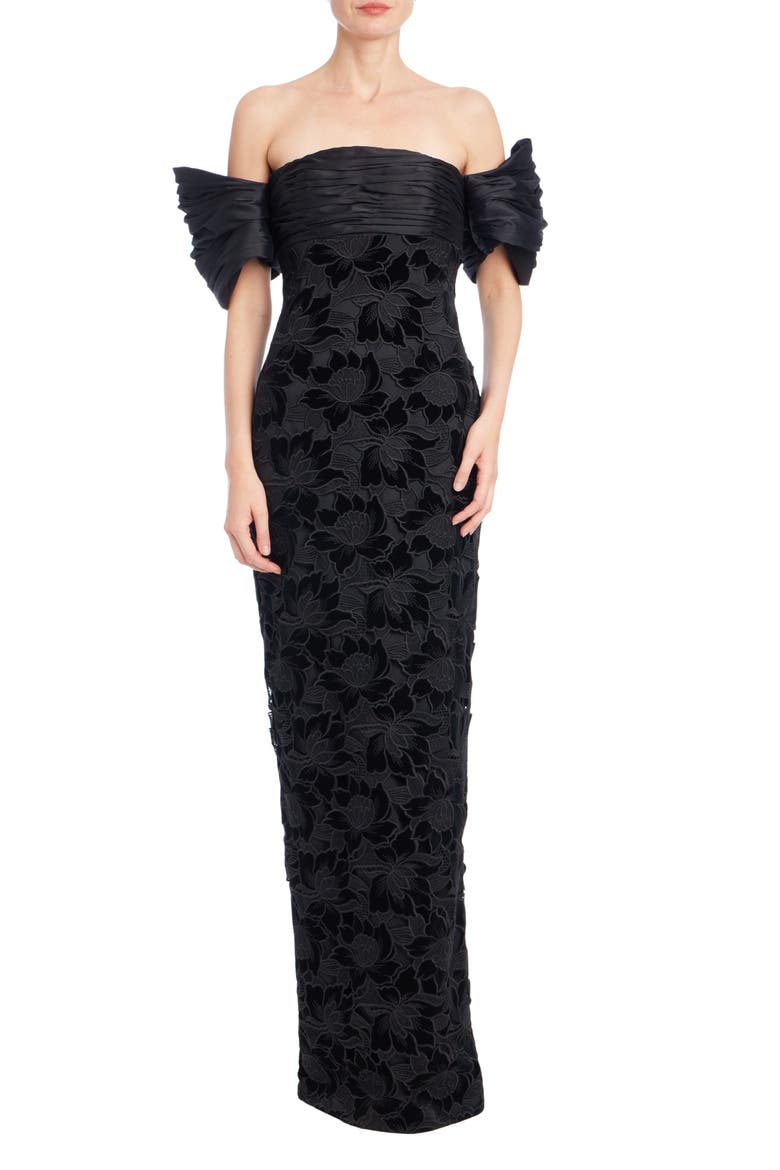 Off the Shoulder Floral Velvet Burnout Lace Gown, Main, color, BLACK