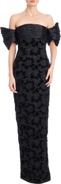 Badgley Mischka Collection Off the Shoulder Floral Velvet Burnout Lace Gown