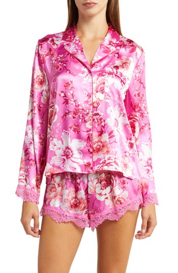 In Bloom By Jonquil My Valentine Floral Lace Trim Satin Short Pajamas In Hot Pink