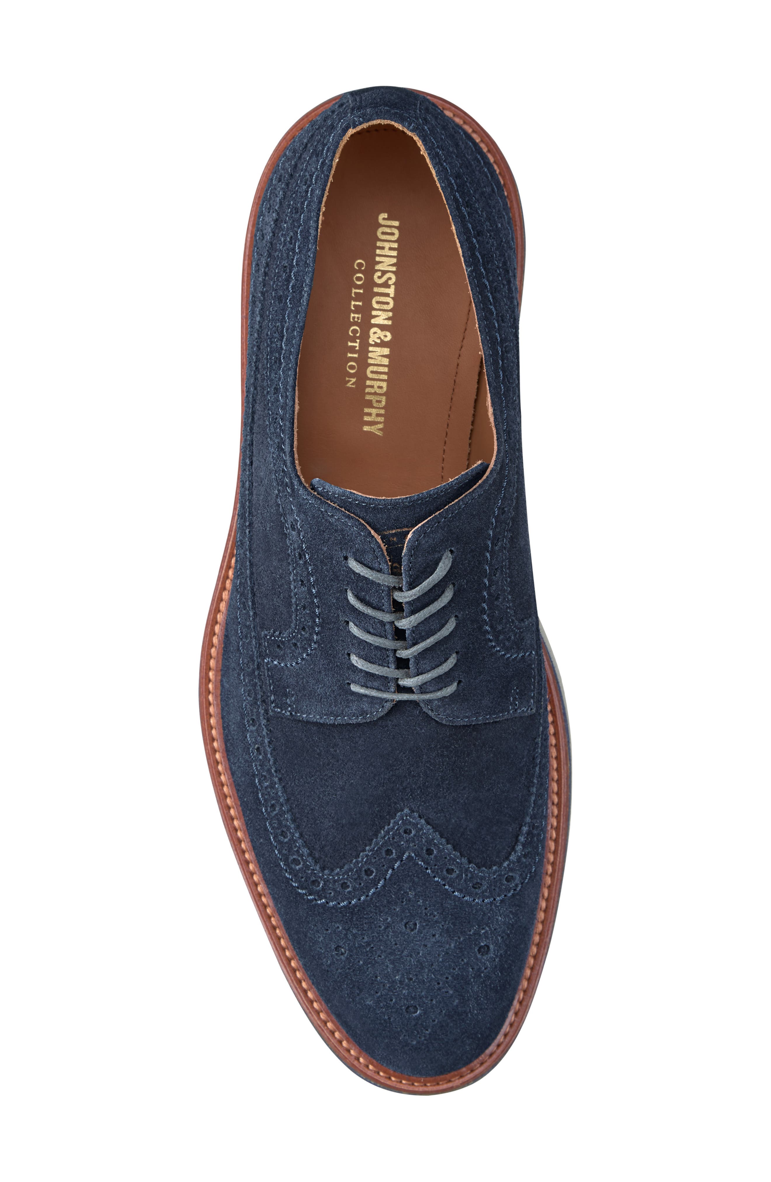 Johnston & Murphy Jenson Longwing Derby, Alternate, color, Navy European Suede