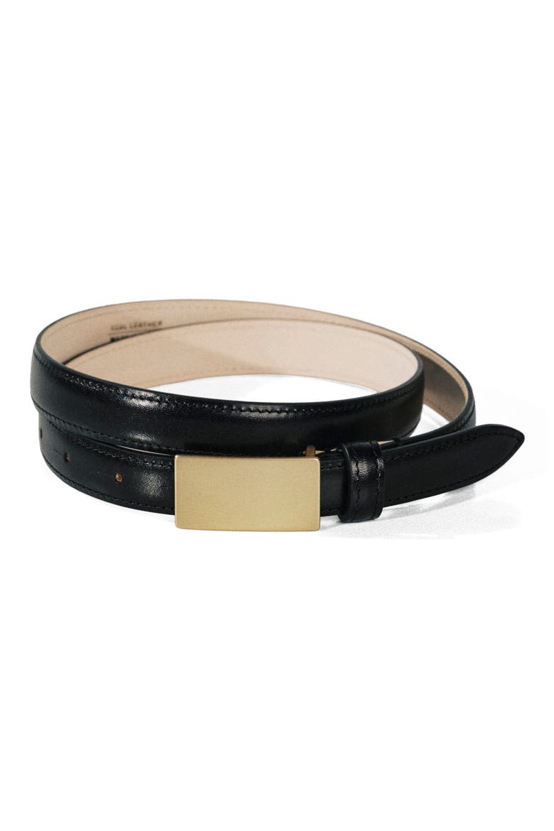 Signet Plaque Buckle Leather Belt, Alternate, color, BLACK/ BRUSHED GOLD