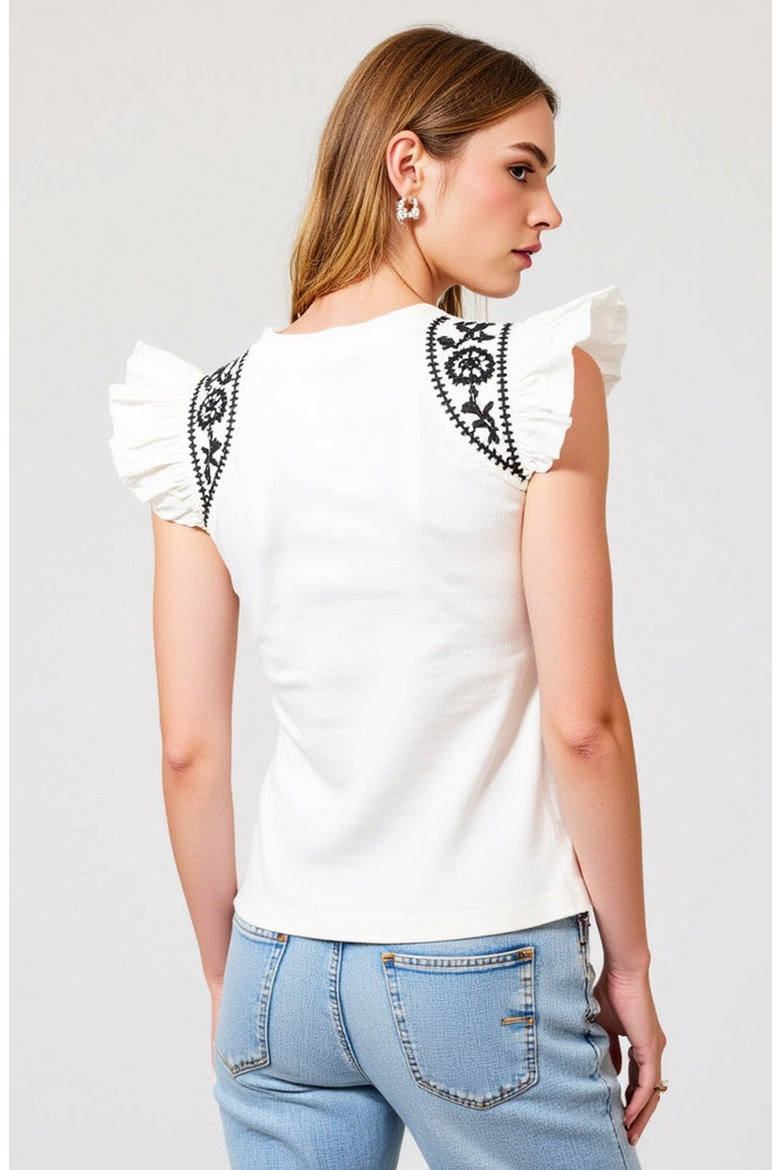 Ruffled Cap-Sleeve Knit Top with Embroidered Shoulder Detail, Alternate, color, White / Black
