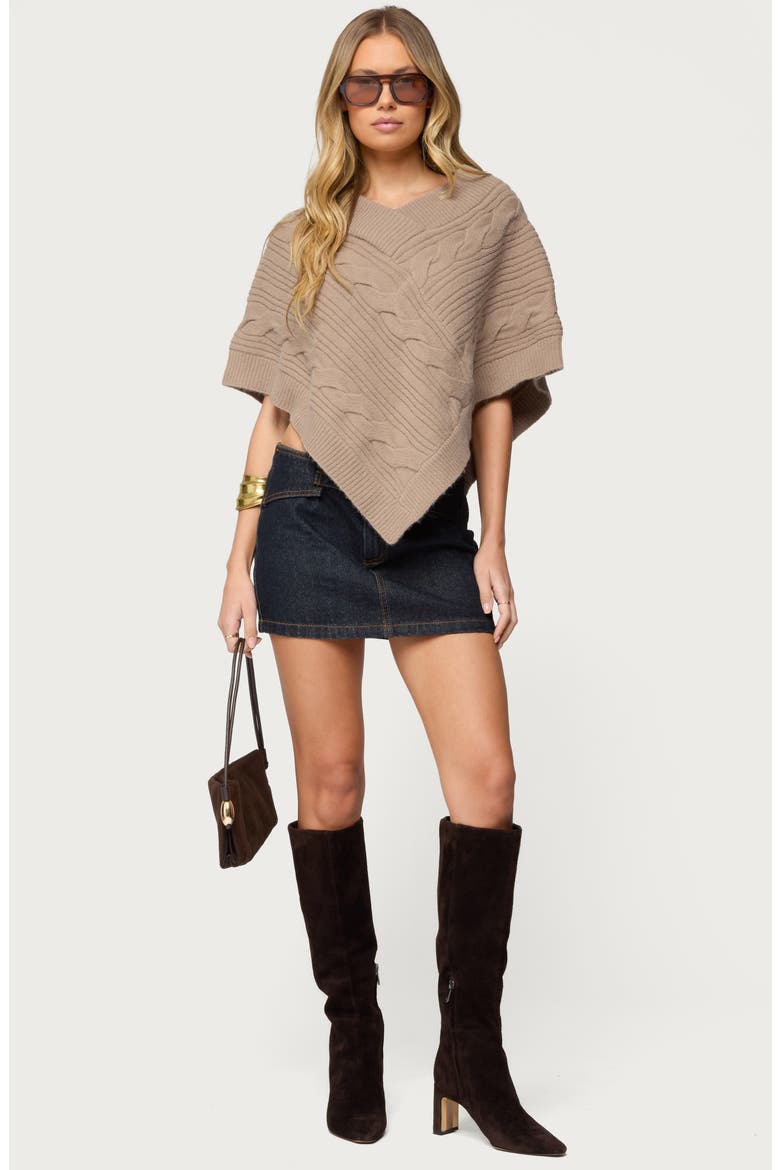 Vickey Cable Stitch One-Shoulder Poncho, Alternate, color, BROWN